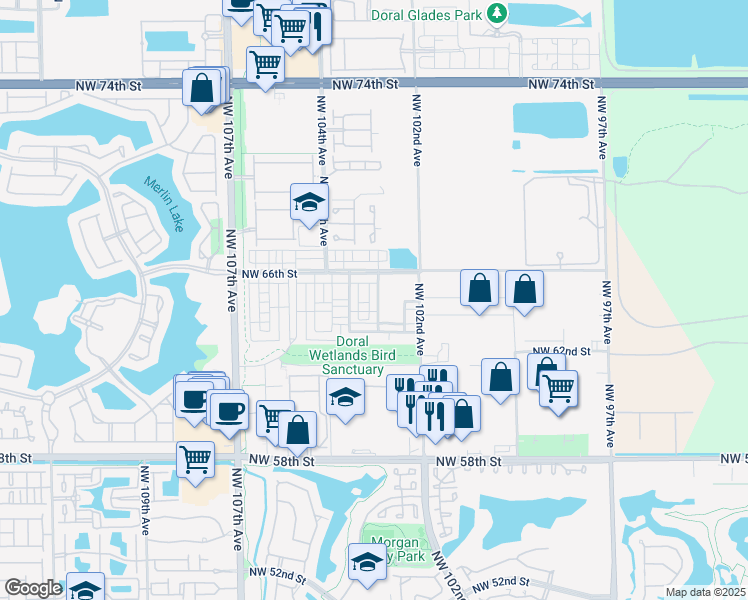 map of restaurants, bars, coffee shops, grocery stores, and more near 6480 Northwest 102nd Path in Doral