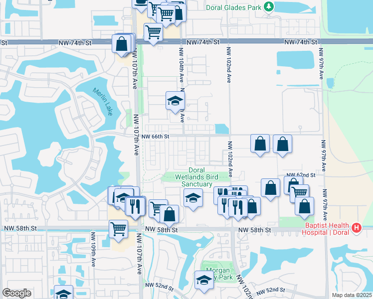 map of restaurants, bars, coffee shops, grocery stores, and more near 10342 Northwest 66th Street in Doral