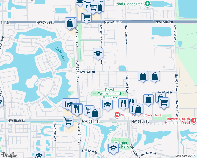 map of restaurants, bars, coffee shops, grocery stores, and more near 10444 Northwest 66th Street in Doral