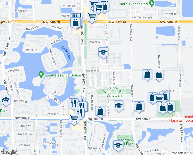 map of restaurants, bars, coffee shops, grocery stores, and more near 10526 Northwest 66th Street in Doral