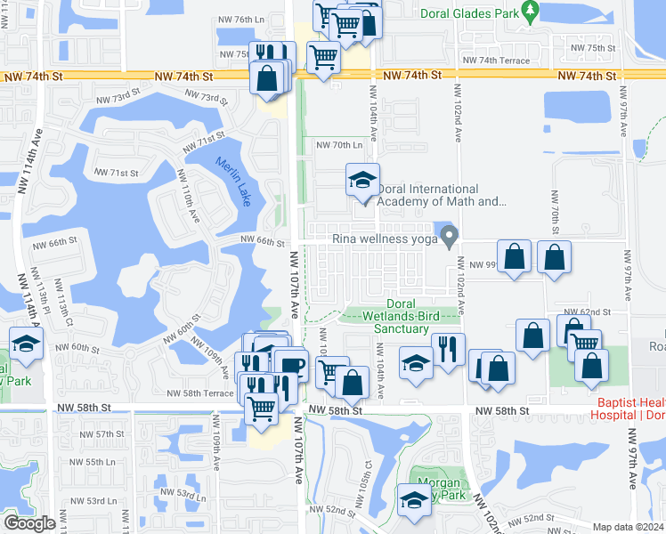 map of restaurants, bars, coffee shops, grocery stores, and more near 10526 Northwest 66th Street in Doral