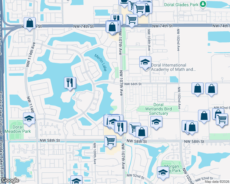 map of restaurants, bars, coffee shops, grocery stores, and more near 10770 Northwest 66th Street in Doral