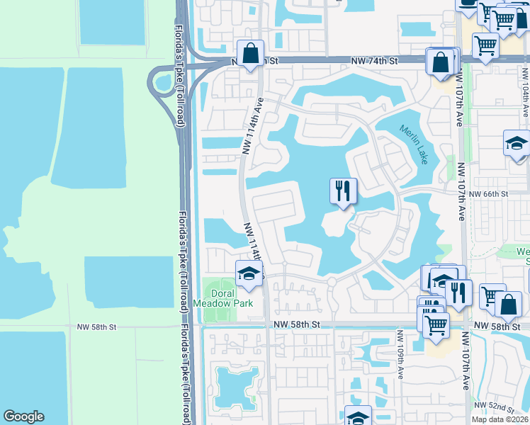 map of restaurants, bars, coffee shops, grocery stores, and more near 11354 Northwest 66th Street in Doral
