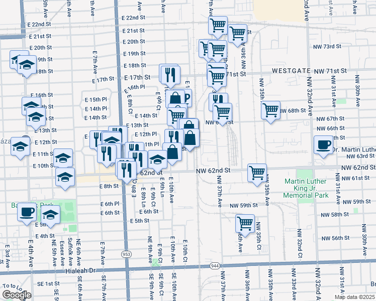 map of restaurants, bars, coffee shops, grocery stores, and more near 23 Flamingo Plaza in Hialeah