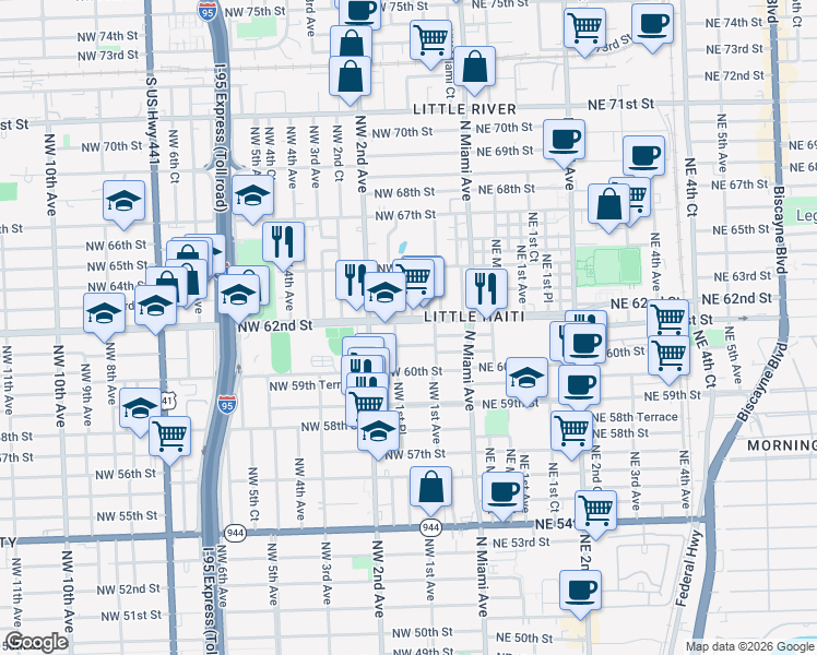 map of restaurants, bars, coffee shops, grocery stores, and more near 6218 Northwest 1st Court in Miami