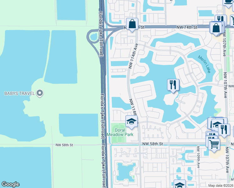 map of restaurants, bars, coffee shops, grocery stores, and more near 6540 Northwest 114th Avenue in Doral