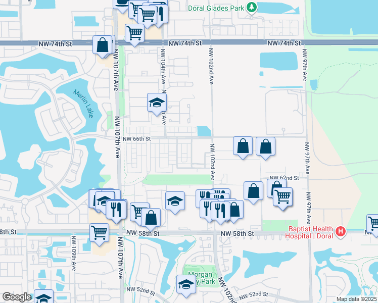 map of restaurants, bars, coffee shops, grocery stores, and more near 6480 Northwest 102nd Path in Doral