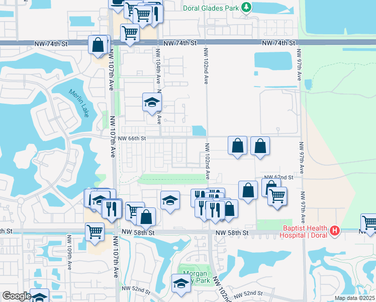 map of restaurants, bars, coffee shops, grocery stores, and more near 6480 Northwest 102nd Path in Doral