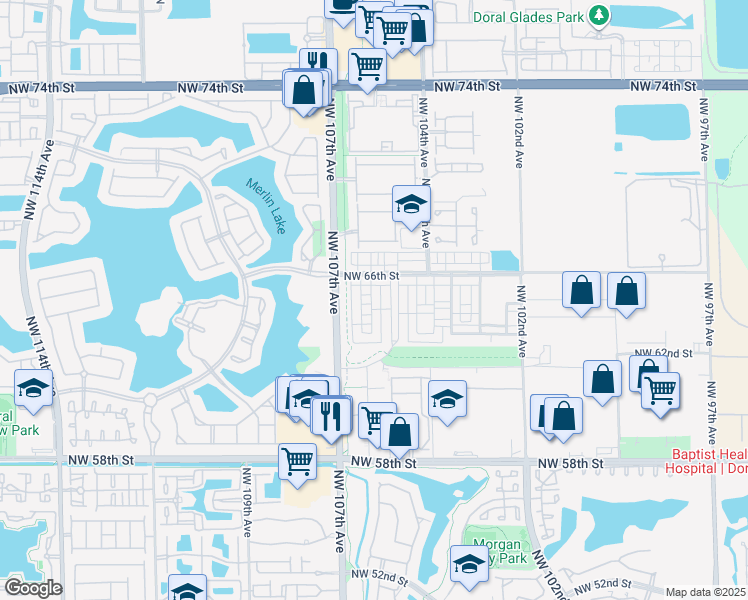 map of restaurants, bars, coffee shops, grocery stores, and more near 10526 Northwest 66th Street in Doral
