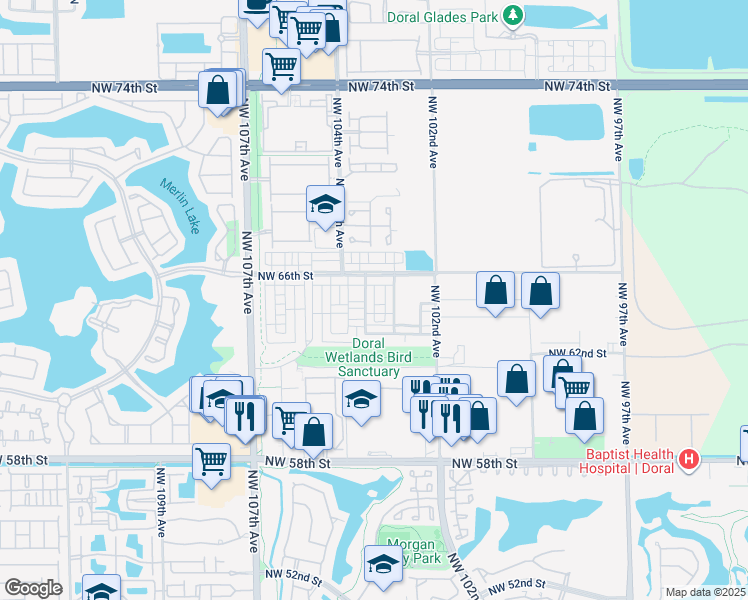 map of restaurants, bars, coffee shops, grocery stores, and more near Northwest 103rd Parkway in Doral