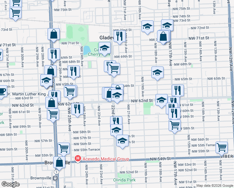 map of restaurants, bars, coffee shops, grocery stores, and more near 2152 Northwest 64th Street in Miami