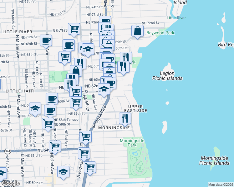 map of restaurants, bars, coffee shops, grocery stores, and more near 661 Northeast 61st Street in Miami
