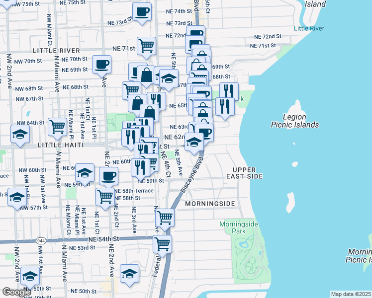 map of restaurants, bars, coffee shops, grocery stores, and more near 536 Northeast 62nd Street in Miami