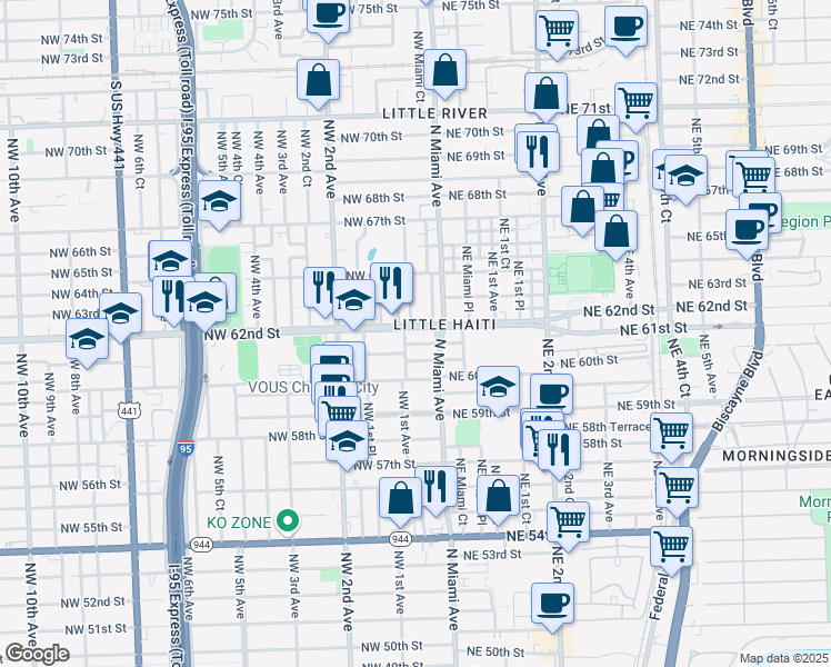 map of restaurants, bars, coffee shops, grocery stores, and more near 6210 Northwest Miami Place in Miami