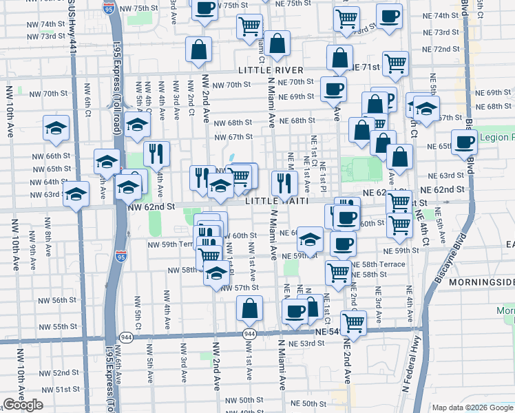 map of restaurants, bars, coffee shops, grocery stores, and more near 6210 Northwest Miami Place in Miami