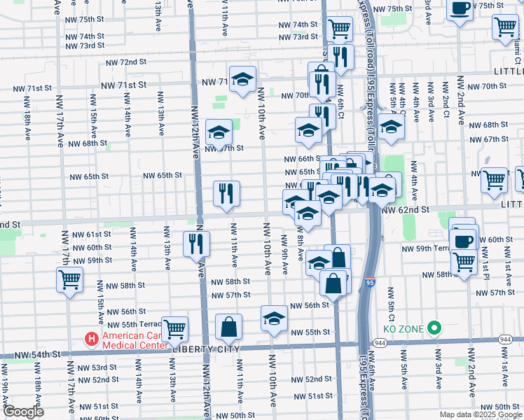 map of restaurants, bars, coffee shops, grocery stores, and more near 943 Northwest 63rd Street in Miami