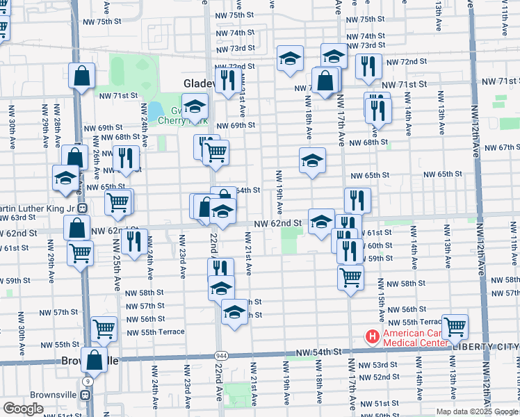 map of restaurants, bars, coffee shops, grocery stores, and more near 20 Northwest 21st Avenue in Miami