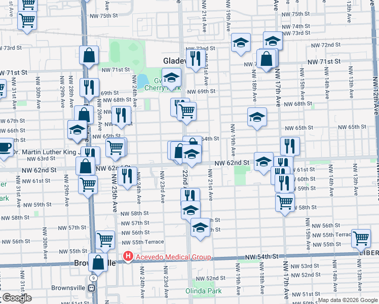 map of restaurants, bars, coffee shops, grocery stores, and more near 2152 Northwest 64th Street in Miami