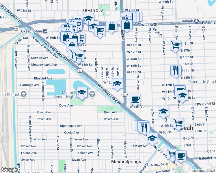 map of restaurants, bars, coffee shops, grocery stores, and more near 1265 West 5th Court in Hialeah