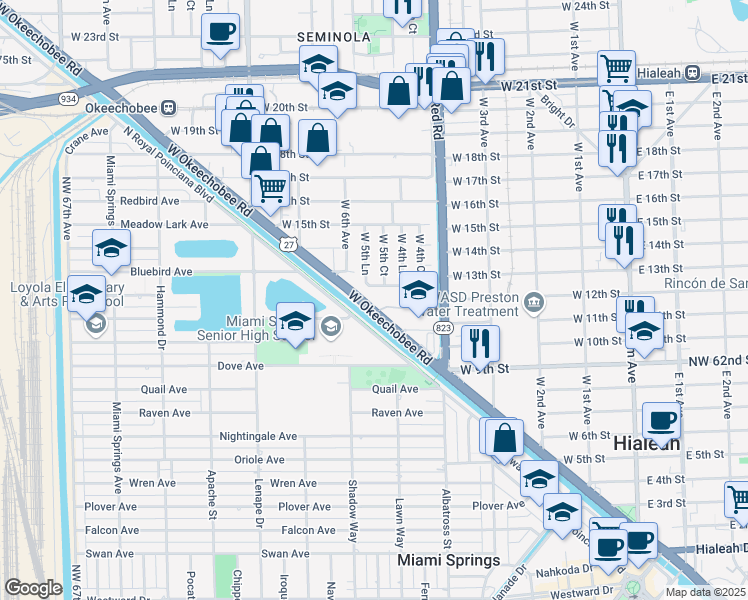 map of restaurants, bars, coffee shops, grocery stores, and more near 1265 West 5th Court in Hialeah