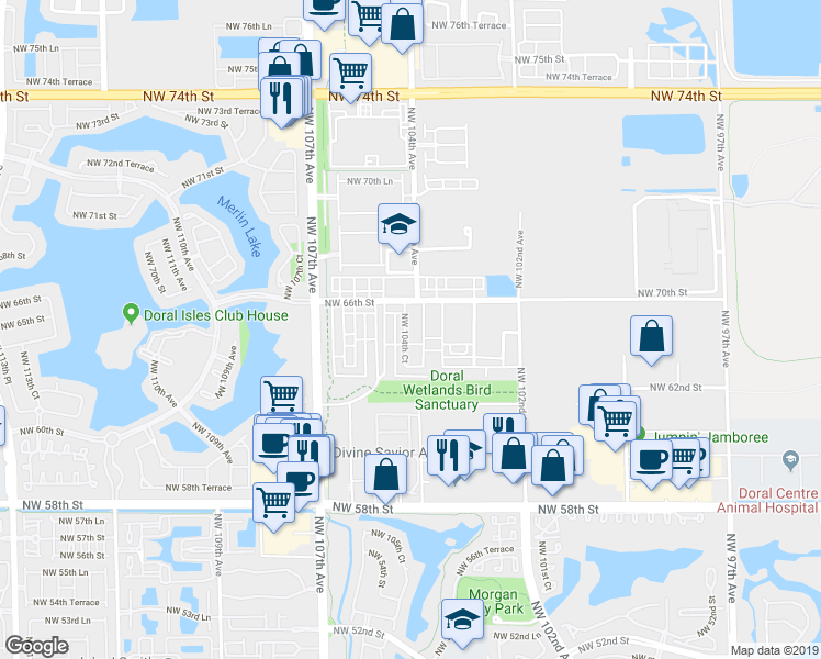 map of restaurants, bars, coffee shops, grocery stores, and more near 10444 Northwest 66th Street in Doral