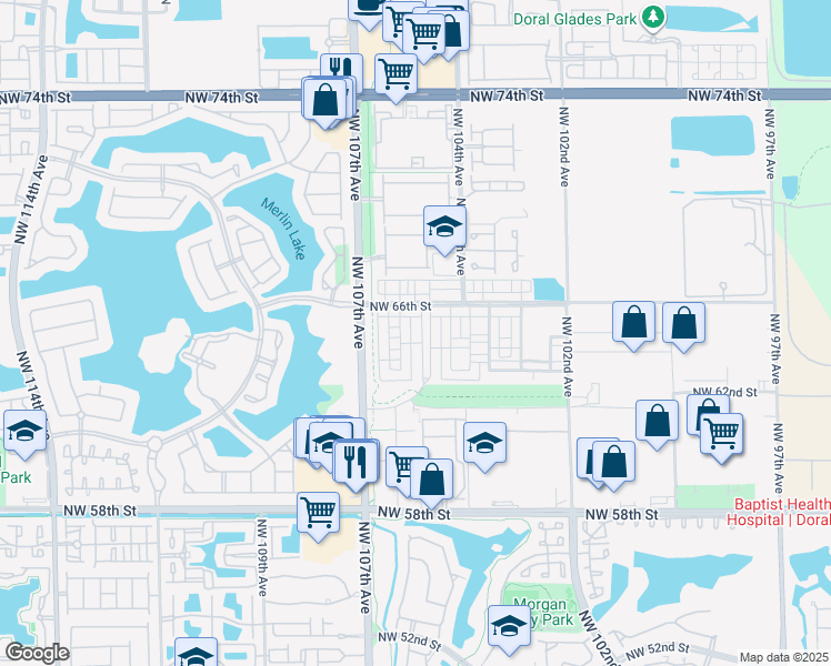 map of restaurants, bars, coffee shops, grocery stores, and more near 10526 Northwest 66th Street in Doral