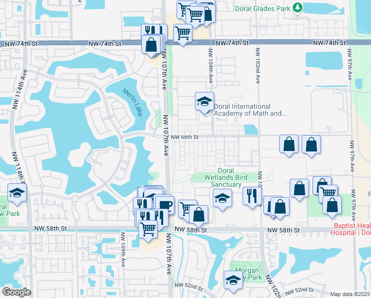 map of restaurants, bars, coffee shops, grocery stores, and more near 10526 Northwest 66th Street in Doral
