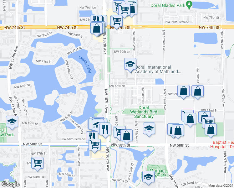 map of restaurants, bars, coffee shops, grocery stores, and more near 10526 Northwest 66th Street in Doral