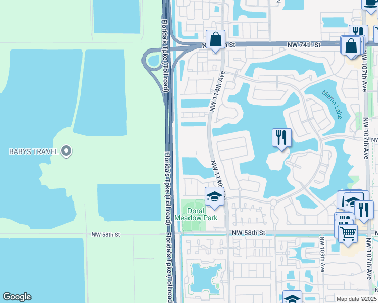 map of restaurants, bars, coffee shops, grocery stores, and more near 6420 Northwest 114th Avenue in Doral