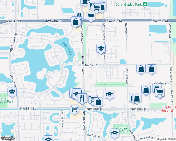 map of restaurants, bars, coffee shops, grocery stores, and more near 10526 Northwest 66th Street in Doral