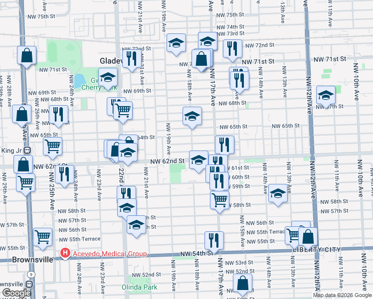 map of restaurants, bars, coffee shops, grocery stores, and more near 1825 Northwest 63rd Street in Miami