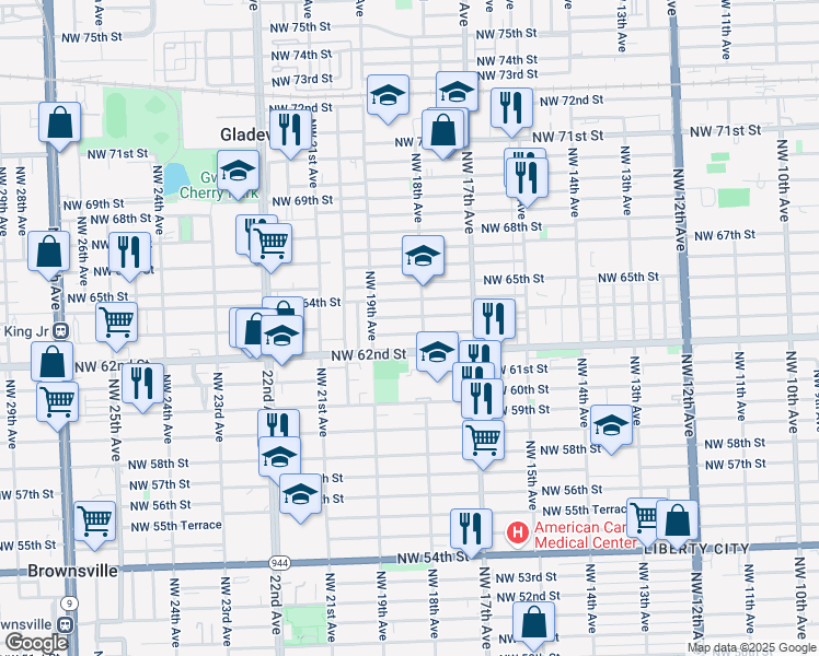 map of restaurants, bars, coffee shops, grocery stores, and more near 1829 Northwest 62nd Terrace in Miami