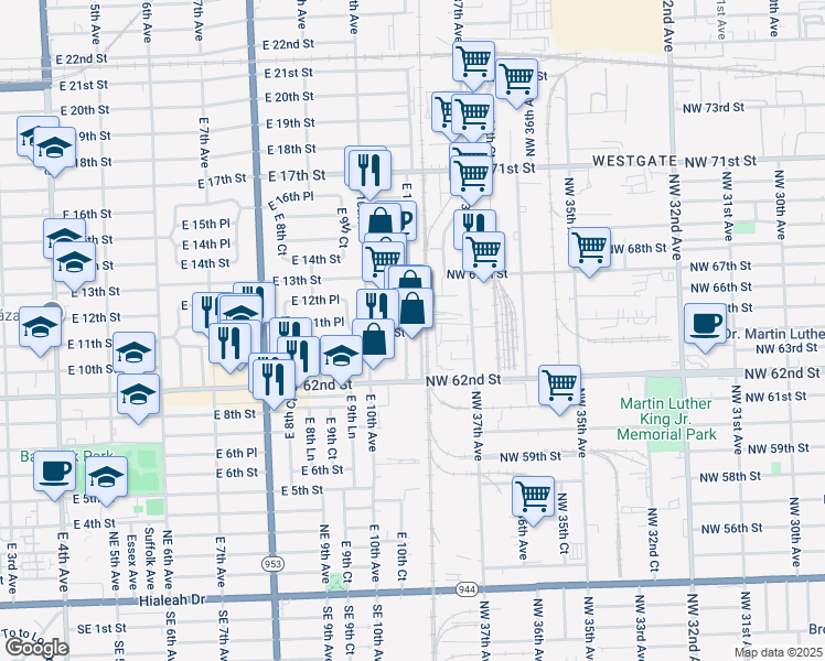 map of restaurants, bars, coffee shops, grocery stores, and more near 23 Flamingo Plaza in Hialeah