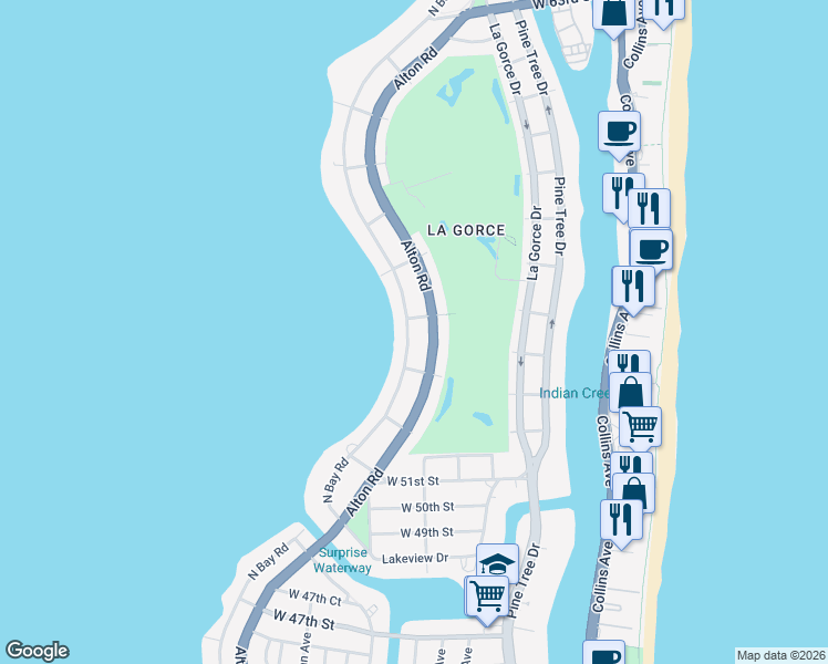 map of restaurants, bars, coffee shops, grocery stores, and more near 5396 North Bay Road in Miami Beach