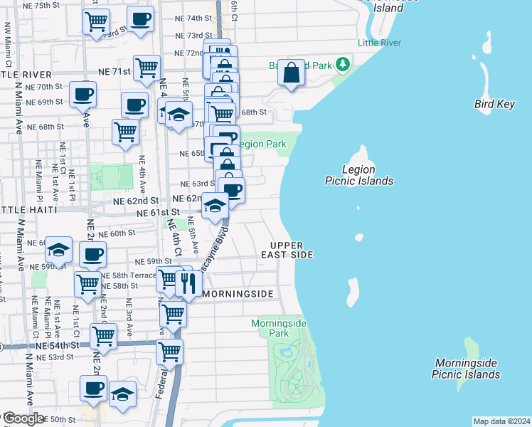 map of restaurants, bars, coffee shops, grocery stores, and more near 720 Northeast 62nd Street in Miami
