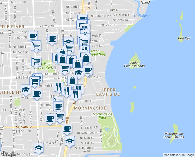 map of restaurants, bars, coffee shops, grocery stores, and more near 661 Northeast 61st Street in Miami