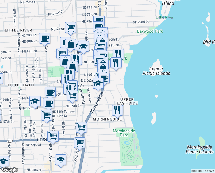 map of restaurants, bars, coffee shops, grocery stores, and more near in Miami