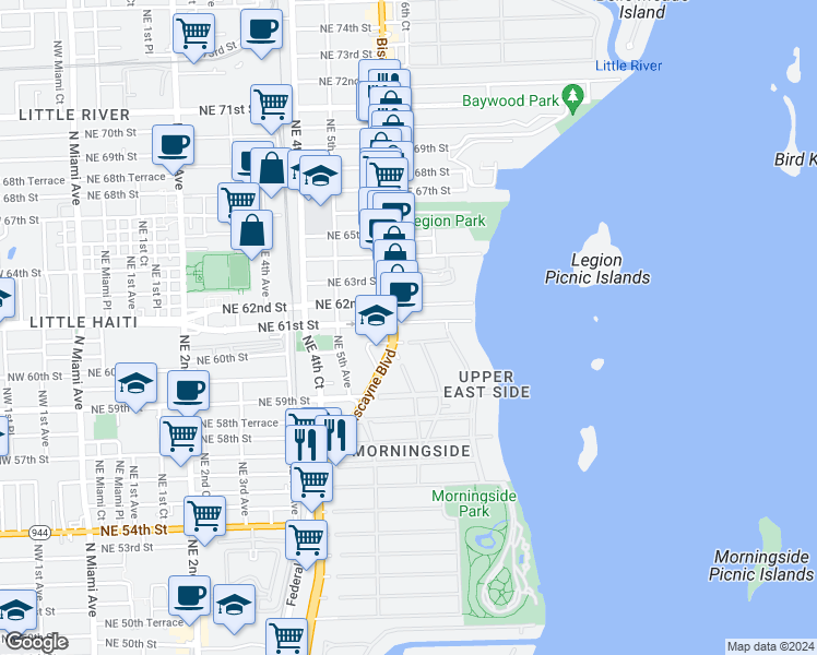 map of restaurants, bars, coffee shops, grocery stores, and more near in Miami