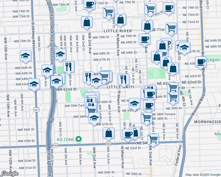 map of restaurants, bars, coffee shops, grocery stores, and more near 6210 Northwest Miami Place in Miami
