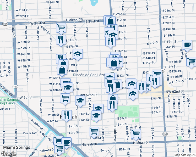 map of restaurants, bars, coffee shops, grocery stores, and more near 301 East 12th Street in Hialeah