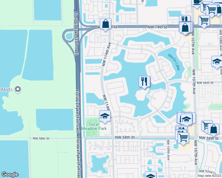 map of restaurants, bars, coffee shops, grocery stores, and more near 11354 Northwest 66th Street in Doral