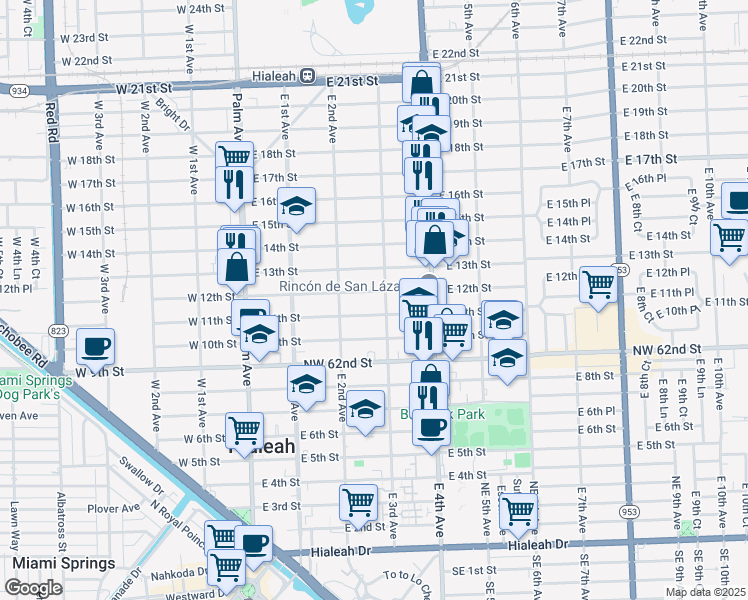 map of restaurants, bars, coffee shops, grocery stores, and more near 301 East 12th Street in Hialeah