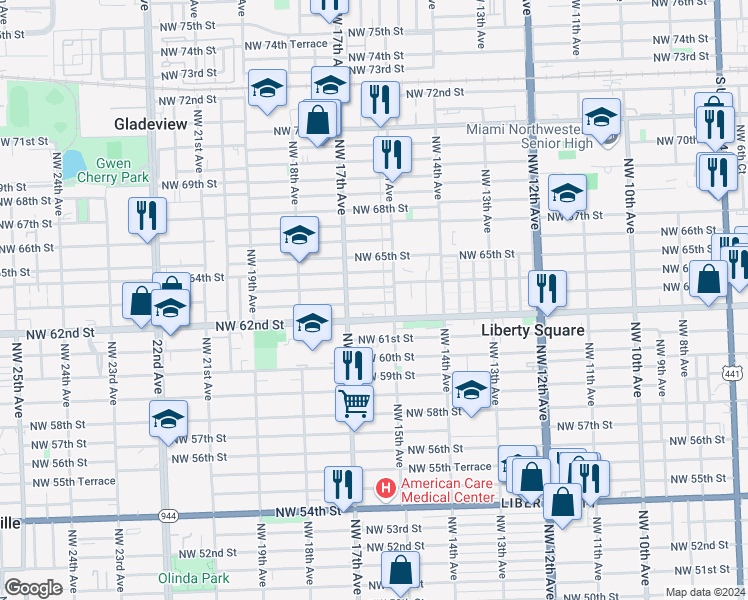 map of restaurants, bars, coffee shops, grocery stores, and more near 1553 Northwest 62nd Terrace in Miami