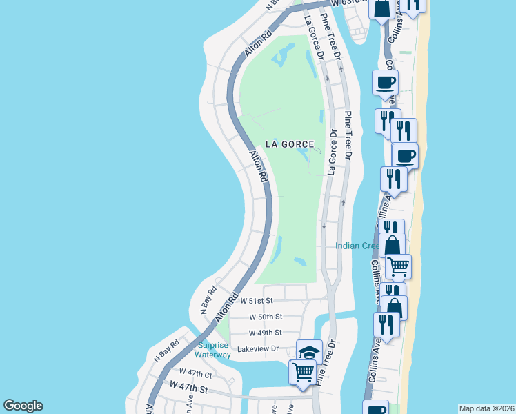 map of restaurants, bars, coffee shops, grocery stores, and more near 5396 North Bay Road in Miami Beach