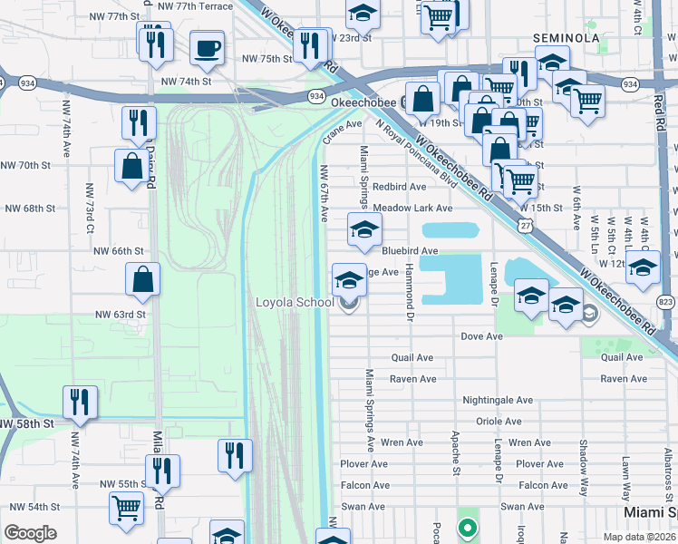 map of restaurants, bars, coffee shops, grocery stores, and more near 1280 Partridge Avenue in Miami Springs