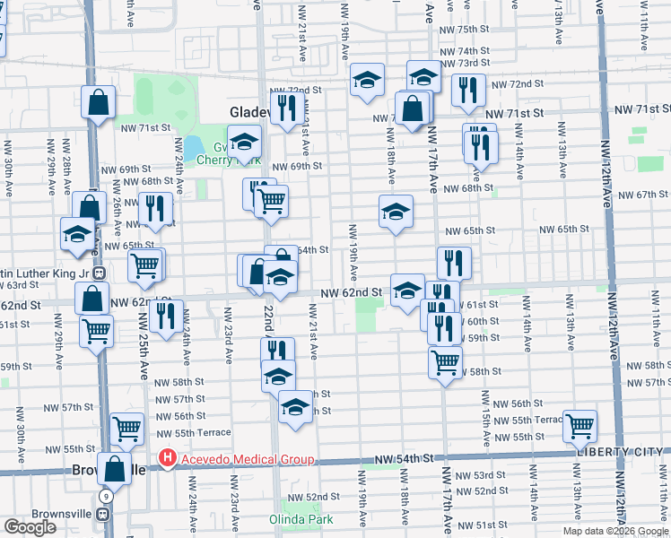 map of restaurants, bars, coffee shops, grocery stores, and more near 20 Northwest 21st Avenue in Miami