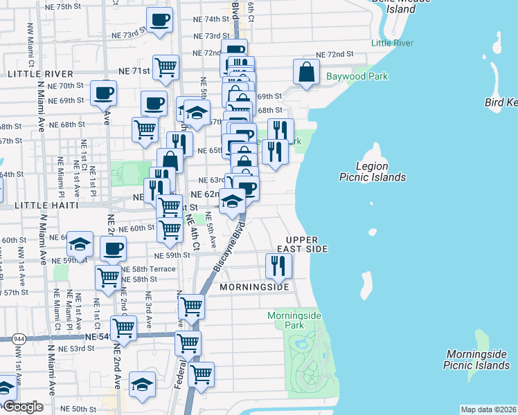 map of restaurants, bars, coffee shops, grocery stores, and more near 661 Northeast 61st Street in Miami