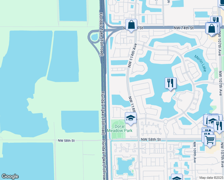 map of restaurants, bars, coffee shops, grocery stores, and more near 6420 Northwest 114th Avenue in Doral