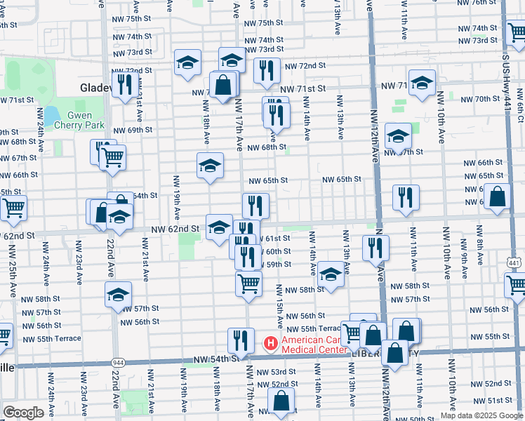 map of restaurants, bars, coffee shops, grocery stores, and more near 1553 Northwest 62nd Terrace in Miami