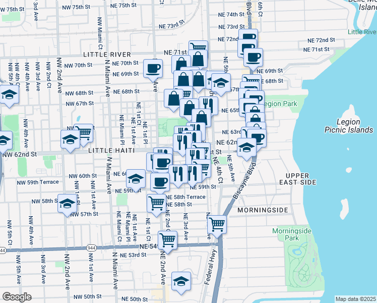 map of restaurants, bars, coffee shops, grocery stores, and more near 300 Northeast 62nd Street in Miami
